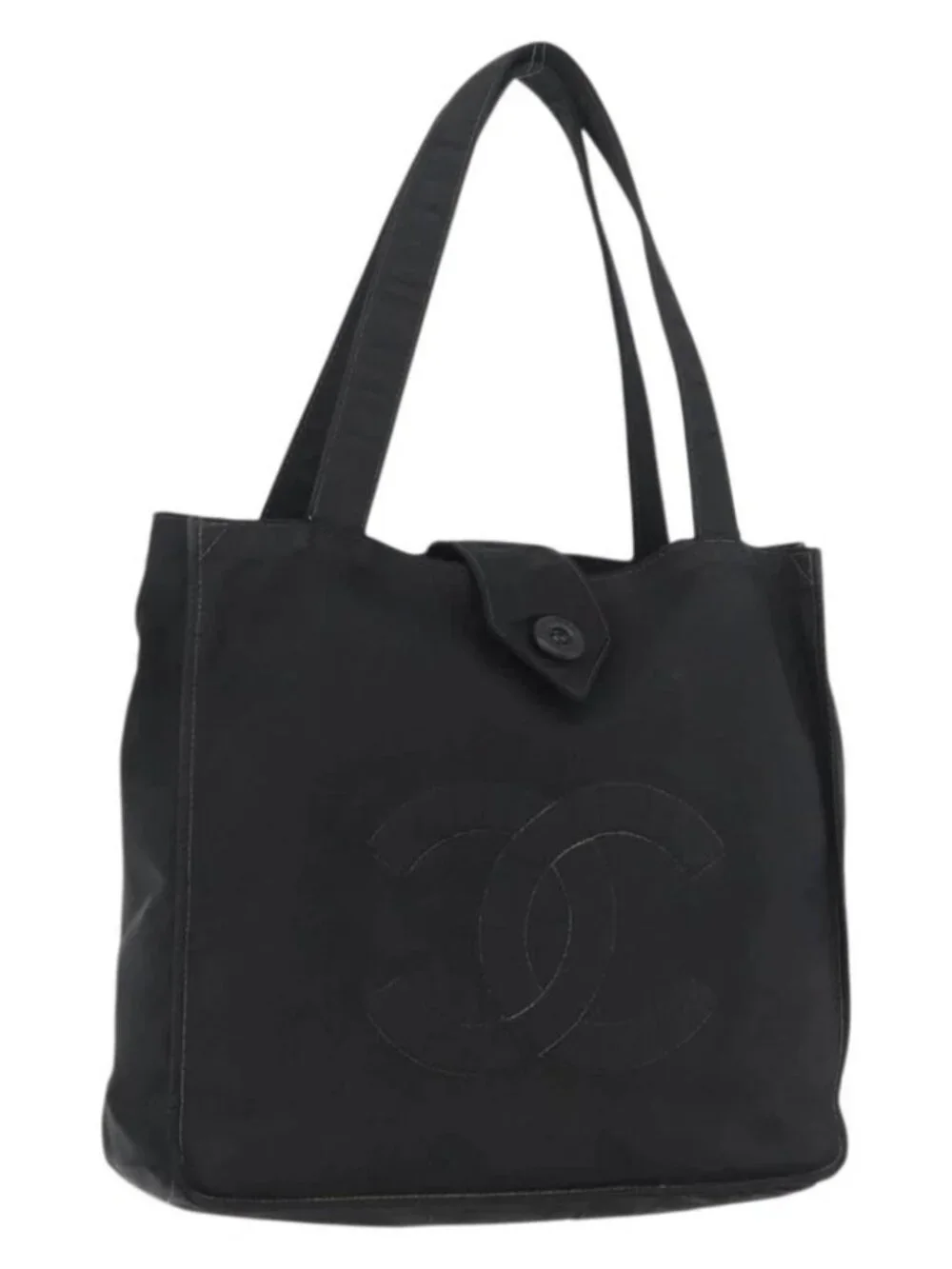 CHANEL Hand Bag Nylon Black Silver CC Auth 176247